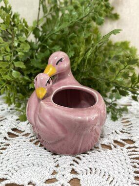 Ceramic Two Ducks Goose Geese Planter Pink Small 3 Inch Succulent Size